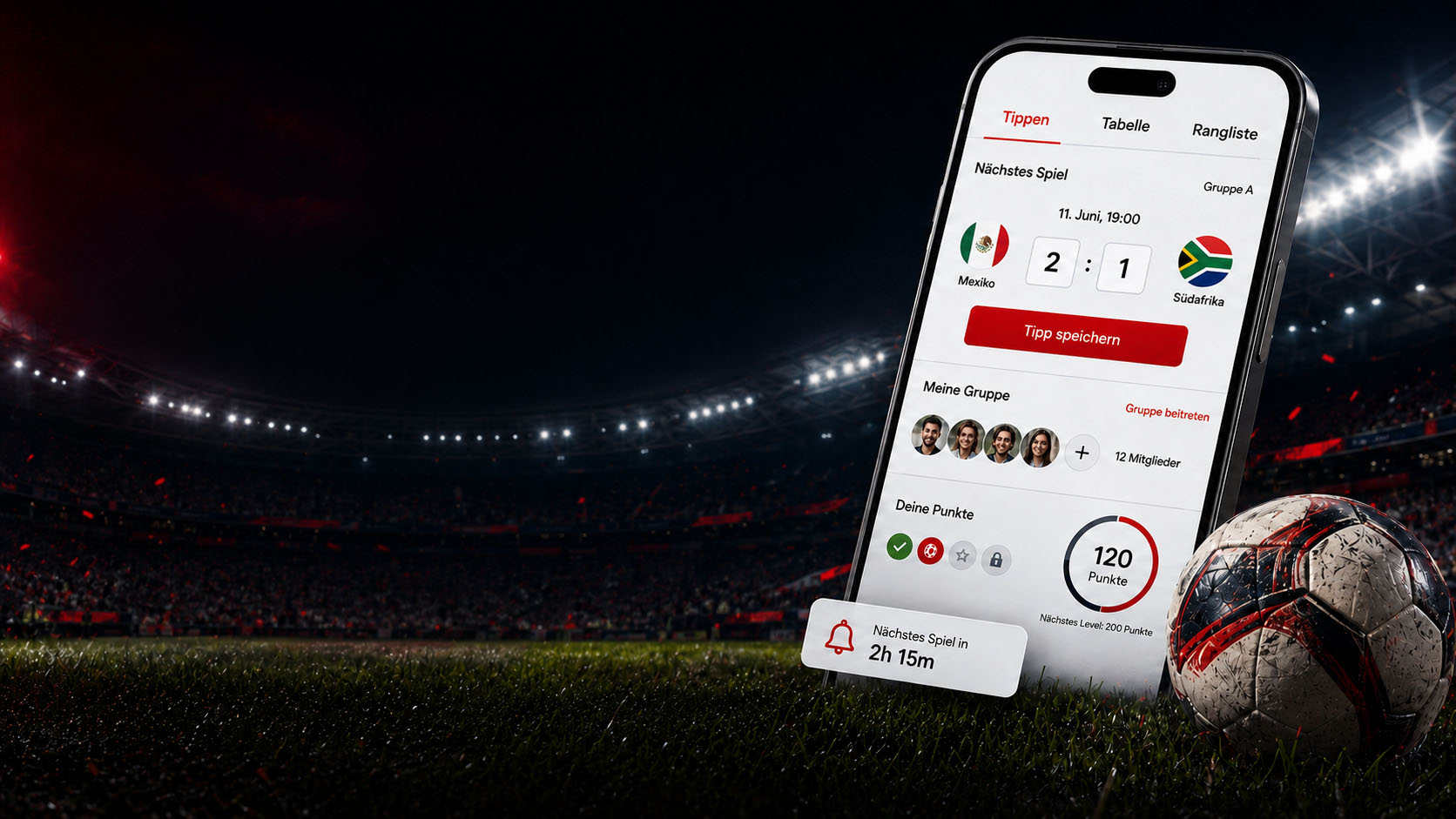 WM-Tippspiel — Stadion-Atmosphäre mit Smartphone-Vorschau